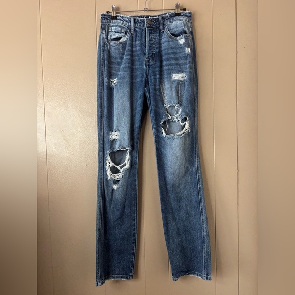 Flying Monkey Women’s Size 26 Distressed Denim Jeans Button Close Straight Leg - Picture 2 of 8